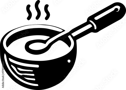 A black and white drawing of a bowl with a spoon inside and steam rising from the bowl with liquid inside