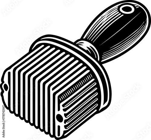 Illustration of a grooved stamp with a handle for marking or printing in black and white design style