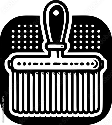 Illustration of a black and white brush with a handle and bristles in a square frame design style