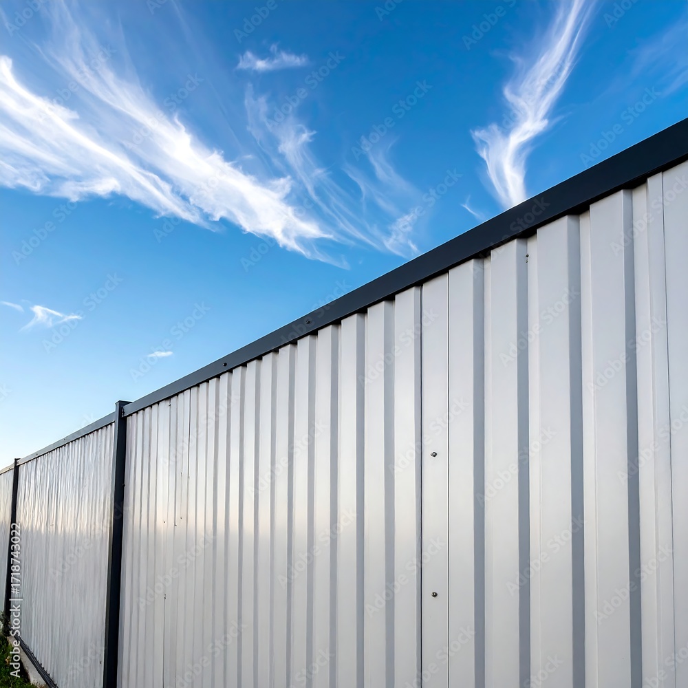 Obraz premium Metal fence against a vibrant blue sky with wispy clouds