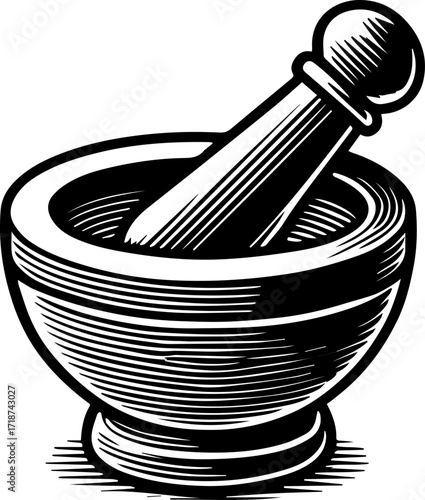 Illustration of a mortar and pestle with detailed hatching and shading in a black and white drawing