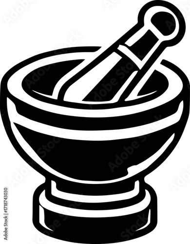 Illustration of a mortar and pestle used for grinding substances in black and white style drawing