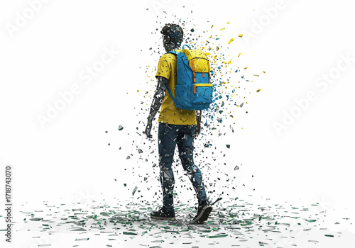 Abstract Figure of a Person Walking with a Backpack Fragmenting into Pieces.