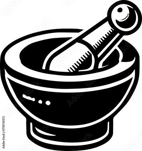 Illustration of a mortar and pestle set used for grinding and mixing substances in black and white style