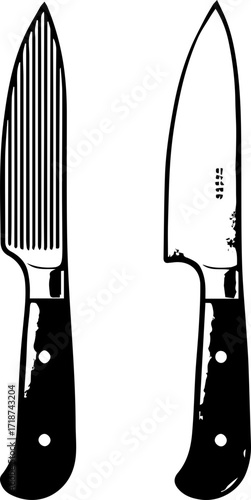 Two kitchen knives with dark handles one with a ridged blade and one with a smooth blade design shown