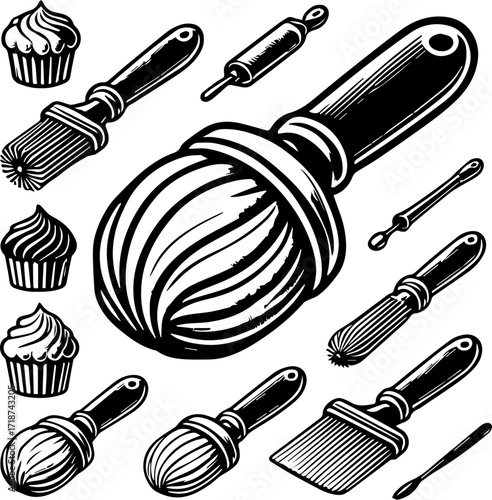 Illustration featuring cupcakes, brushes, rolling pin, and other baking related kitchen utensils