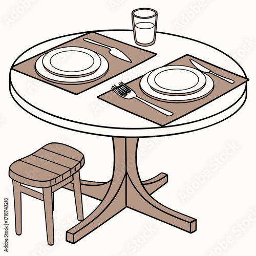Round table with two place settings and a wooden stool
