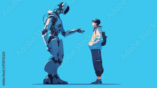A humanoid robot extends its hand towards a young person wearing a backpack. The bright blue background adds to the modern atmosphere of this technology-focused scene.