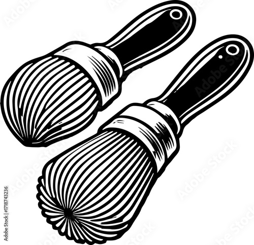 Two black and white shaving brushes with wooden handles and bristles in a detailed illustration style