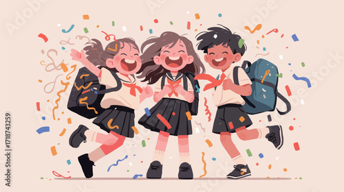 Three young students, two girls and a boy, celebrate joyfully with confetti falling around them. They wear school uniforms and are excited about their day.