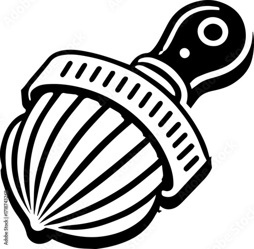 Illustration of a vintage citrus reamer with a handle and ribbed design in black and white style