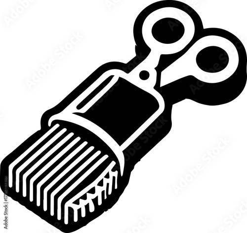 Illustration of vintage sheep shears tool with comb attachment in black and white design style