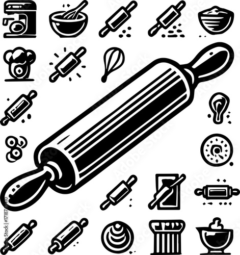 A collection of baking tools and equipment icons including a mixer, rolling pin, and mixing bowl icon set