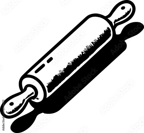 Illustration of a rolling pin with handles and a shadow cast on a white background in black and white
