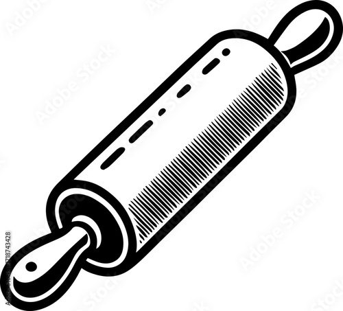 Illustration of a rolling pin with handles and crosshatching texture in black and white style design