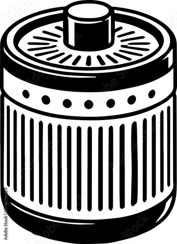 Illustration of a cylindrical filter component with vertical ribs and top disk design element shown in black