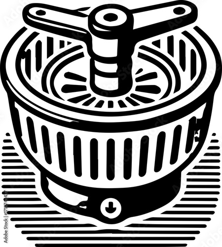 Black and white illustration of a drain with a handle and circular grate design on a white background