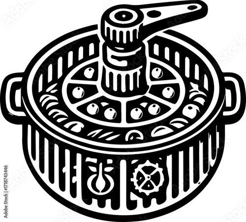 Illustration of a pressure cooker with a top handle and visible internal contents in black and white art