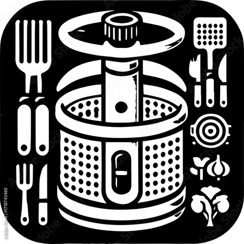 Illustration of a salad spinner with kitchen utensils and vegetables in black and white design style