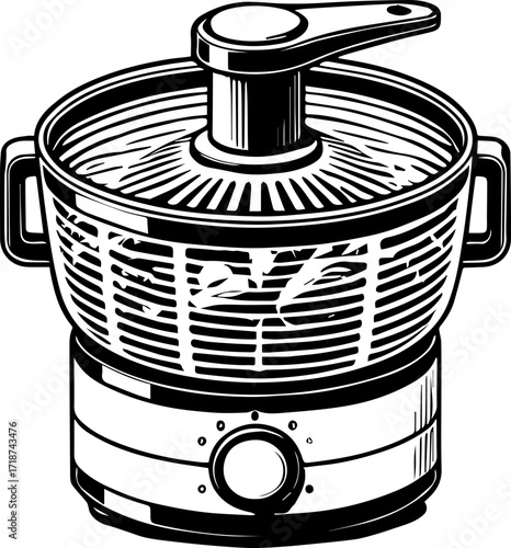 Illustration of a salad spinner with a handle and a perforated basket for drying lettuce leaves