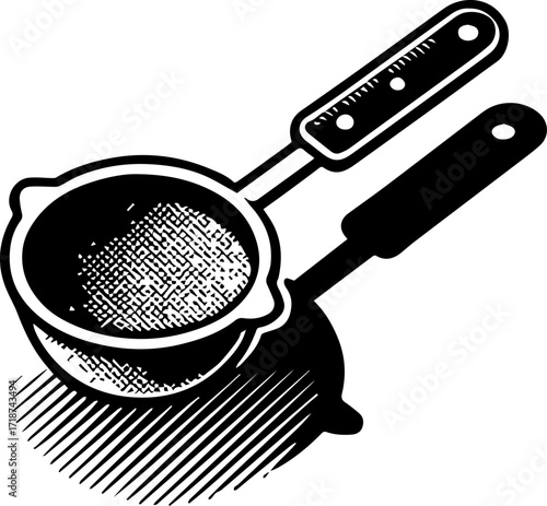 Illustration of a kitchen strainer with a handle and its shadow casting downwards on a white surface
