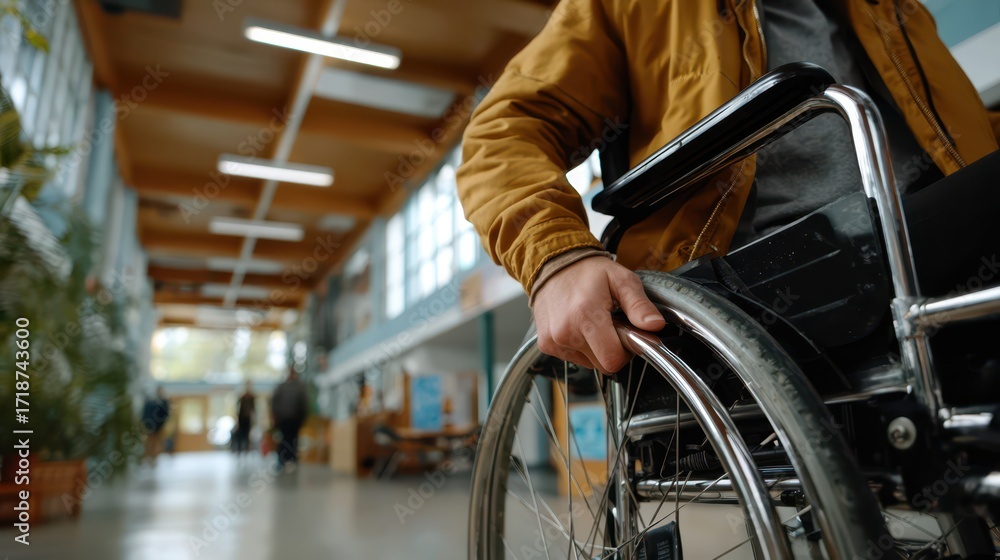 Obraz premium Person using a wheelchair moving independently through a spacious hallway with bright natural light, plants, and modern architectural details