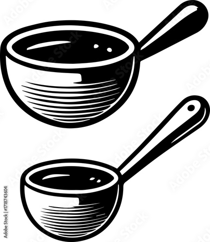 Two measuring cups with handles filled with liquid in a black and white illustration style image