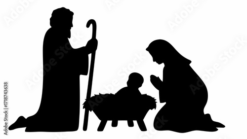 Silhouette of the nativity scene depicting mary joseph and baby jesus in a manger on a white background
