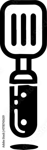 Illustration of a black and white perfume bottle with a unique cap and liquid inside the container