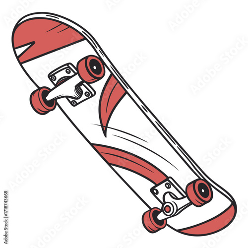 Skateboard with Red Accents and Graphic Design wheels