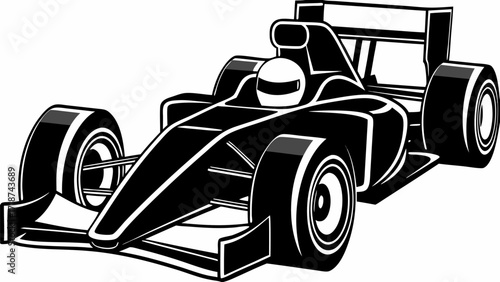 Illustration of a sleek black formula one race car with visible driver and aerodynamic design elements silhouette
