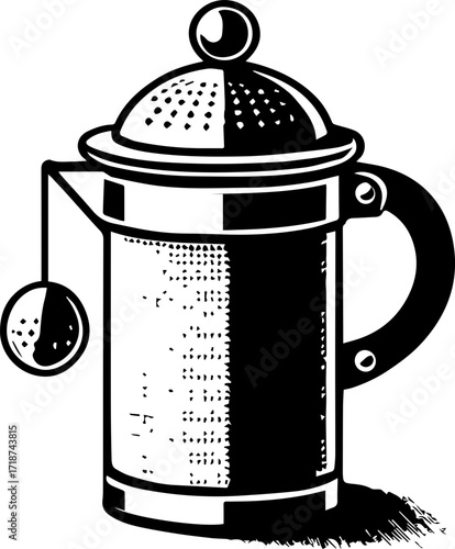 Illustration of a metal tea press with a lid and a tea bag hanging on the side in black and white