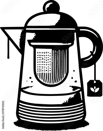 Illustration of a clear tea pot with a tea infuser and tea bag in black and white style art