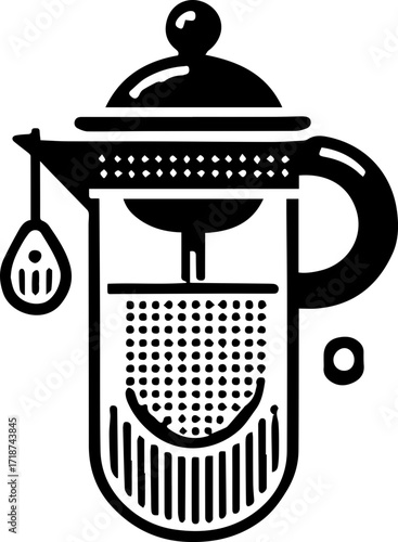 Illustration of a glass teapot with a tea infuser and a tea bag hanging on the side isolated
