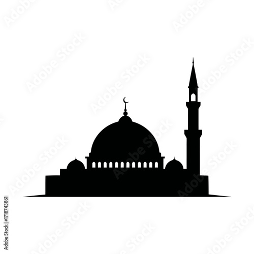 Mosque silhouette stands prominently against a white backdrop, representing Islamic architecture and cultural identity with simple elegance.