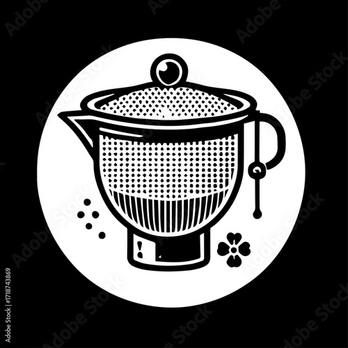 Illustration of a vintage tea infuser with a floral accent on a white circle and black background