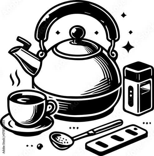 Detailed monochrome illustration of a tea kettle with cup and accessories in a kitchen setting