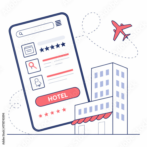 Smartphone displaying hotel booking app with stars and airplane