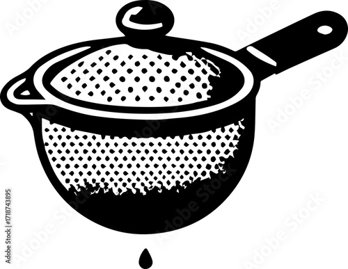 Black and white illustration of a strainer with a handle and a lid with a drop falling down