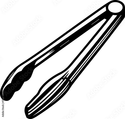 A black and white illustration of a pair of tongs with a simple and clean design on a white background