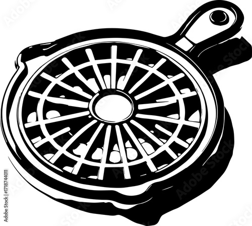 Illustration of a round strainer with a handle and radial grid pattern in black and white color scheme
