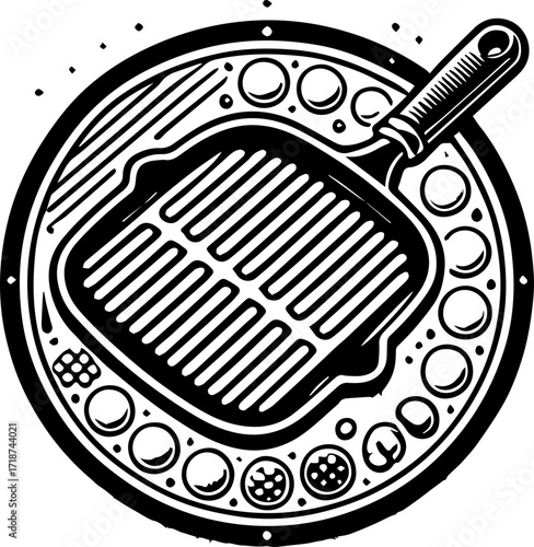 Illustration of a grill pan on a plate surrounded by round objects in black and white style design