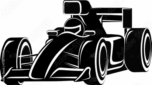Illustration of a sleek black formula one race car with driver visible in a high speed racing environment silhouette