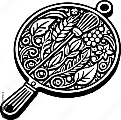 Elaborate black and white strainer with floral and plant elements in a circular design pattern style