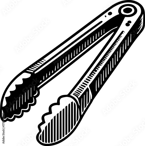 Illustration of kitchen tongs with scalloped edges and a hinge mechanism in a black and white design