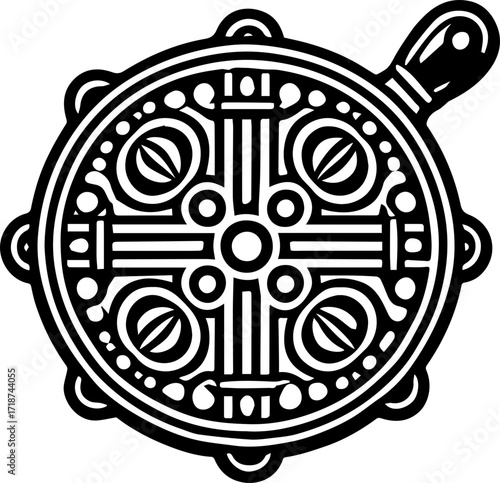 Intricate black and white circular design featuring a cross and decorative elements in a bold style