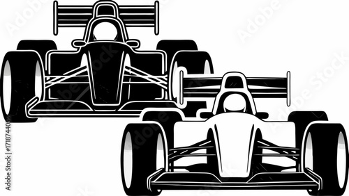 Two formula one race cars in black and white with prominent rear wings and sleek aerodynamic designs silhouette