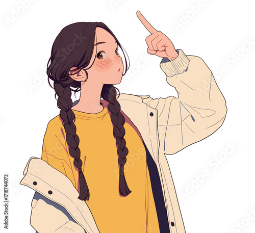 A young girl with braids gestures upward, wearing a bright yellow sweater and a cozy white jacket. She appears curious and engaged, lost in thought.