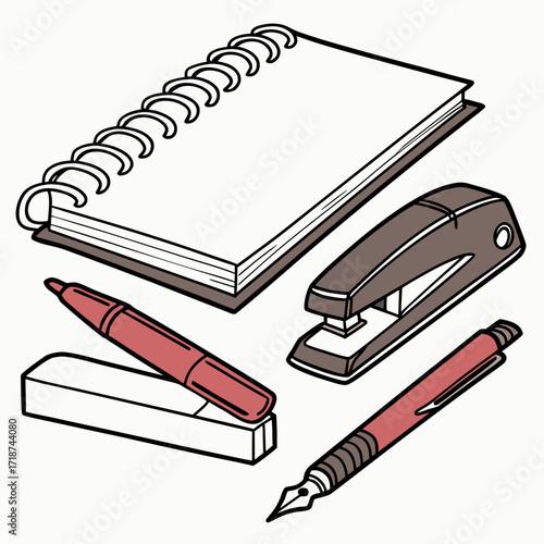 Stationery Items Including Fountain Pen And Marker Keywords: office supplies, stationery, desk