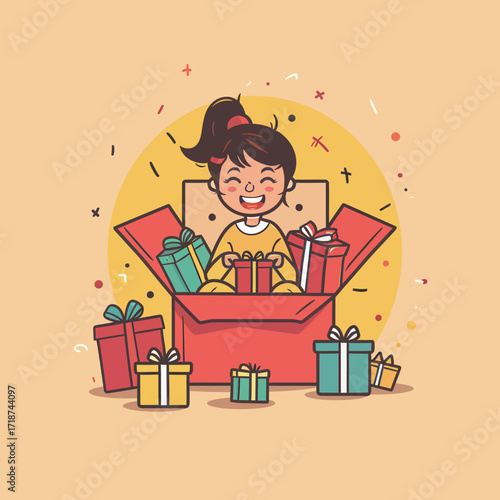 A cheerful child with a big smile sits inside a large box filled with colorful presents. The background is bright and festive, enhancing the joyful atmosphere.